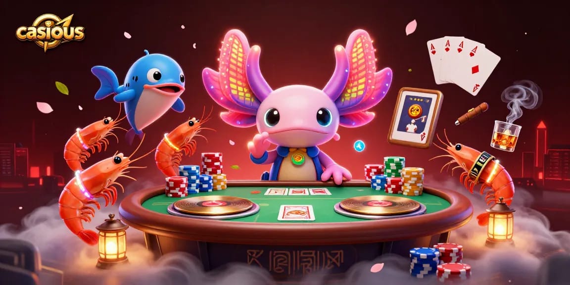 Experience the excitement of casinous with a vivid 3D casino scene featuring a neon axolotl DJ and poker action.