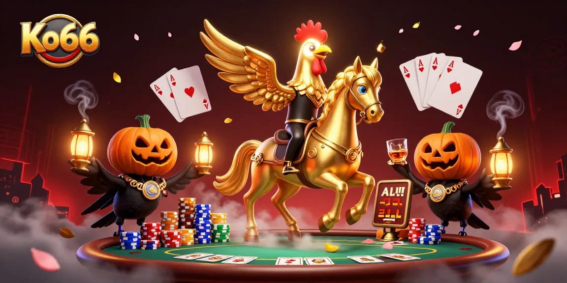 Experience Ko66 in a vibrant casino scene with a golden rooster and poker elements.