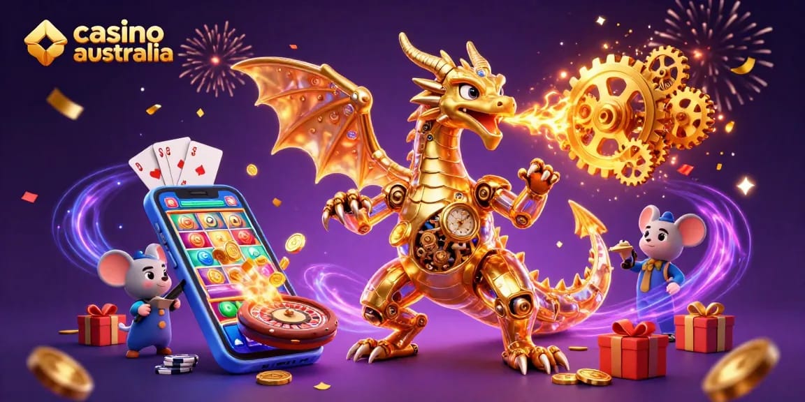 Spin to win at casino australia with a magical golden dragon and vibrant gaming elements.