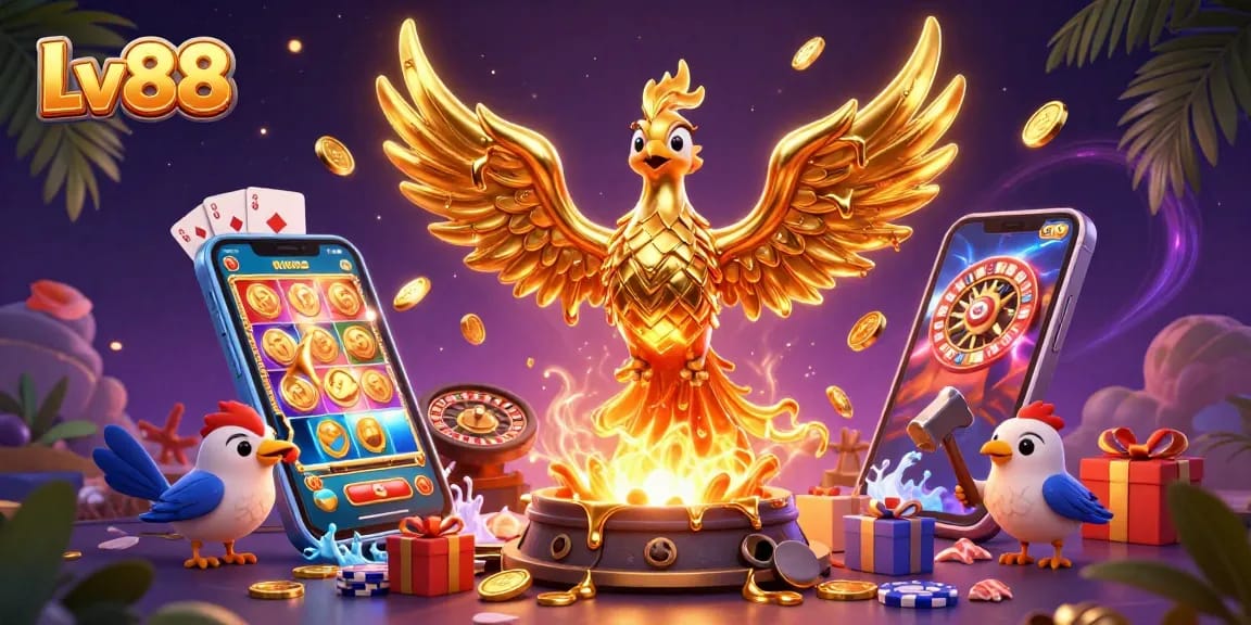 Experience thrilling wins at Lv88 with vibrant golden phoenix emerging amidst exciting casino games and rewards.