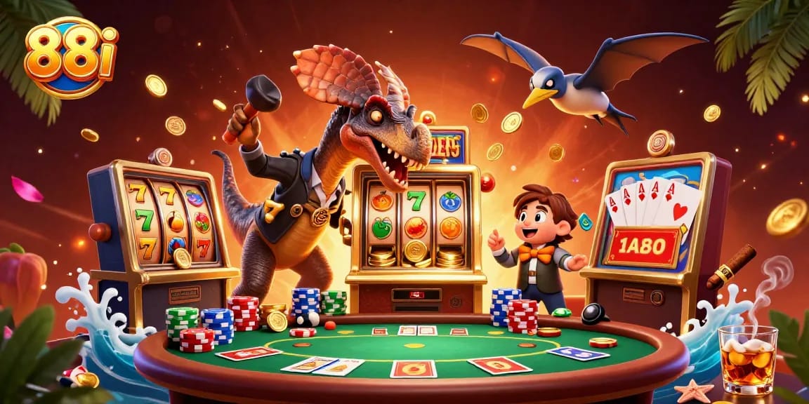 88i casino scene with a pachycephalosaurus winning jackpots amidst vibrant slot elements