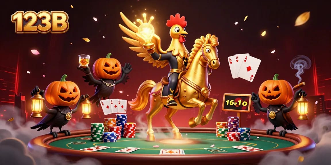 123B players enjoy a thrilling poker scene with golden rooster and lanterns in a vibrant casino.