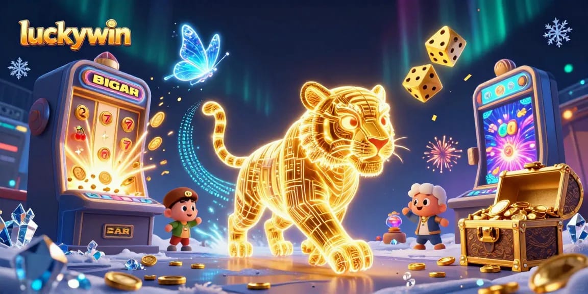 Experience luckywin with a dazzling 3D casino, featuring a mystical tiger, slot machines, and golden treasures.