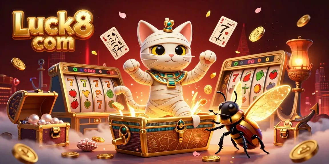 Play exciting games at Luck8 com featuring a cartoon mummy cat and glowing scarab in a vibrant casino.