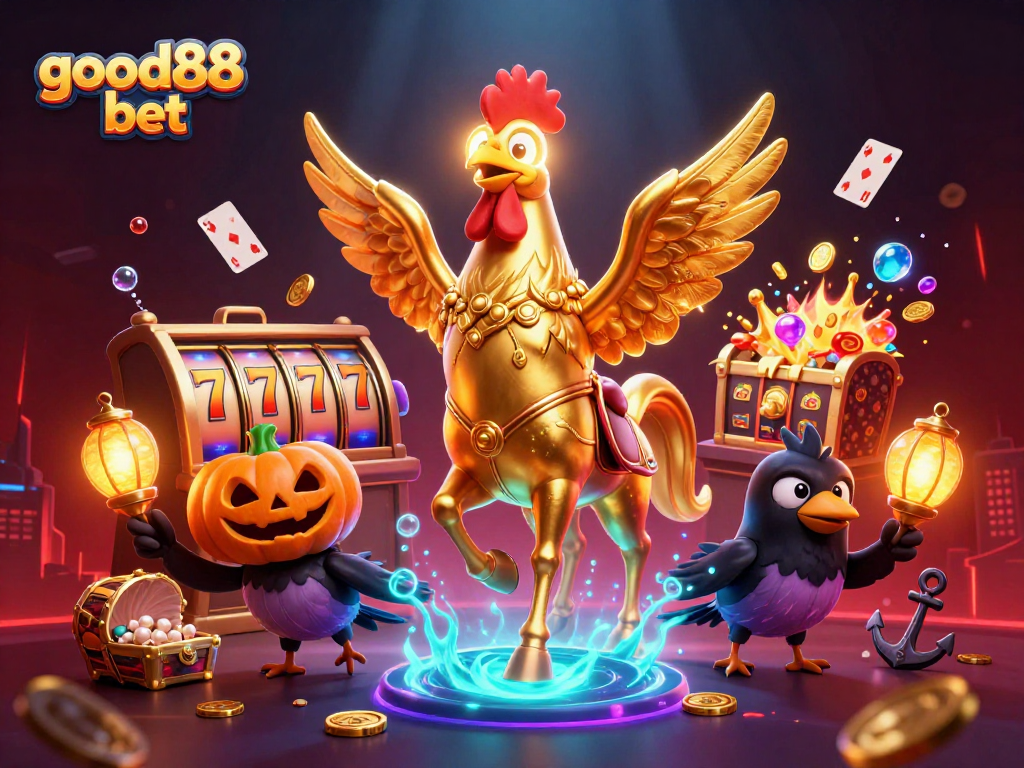 Engage with good88 bet in a festive casino scene featuring a golden rooster and cartoon crows.