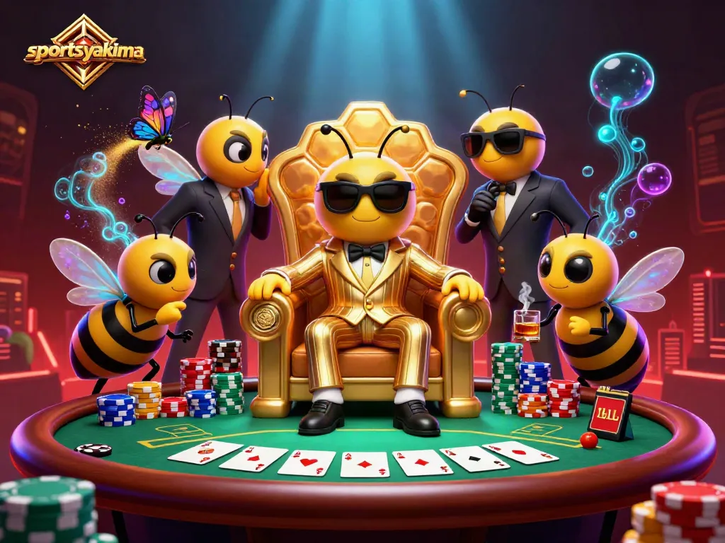 Engage with sportsyakima's buzzing casino scene featuring a bumblebee mob boss orchestrating high-stakes poker.