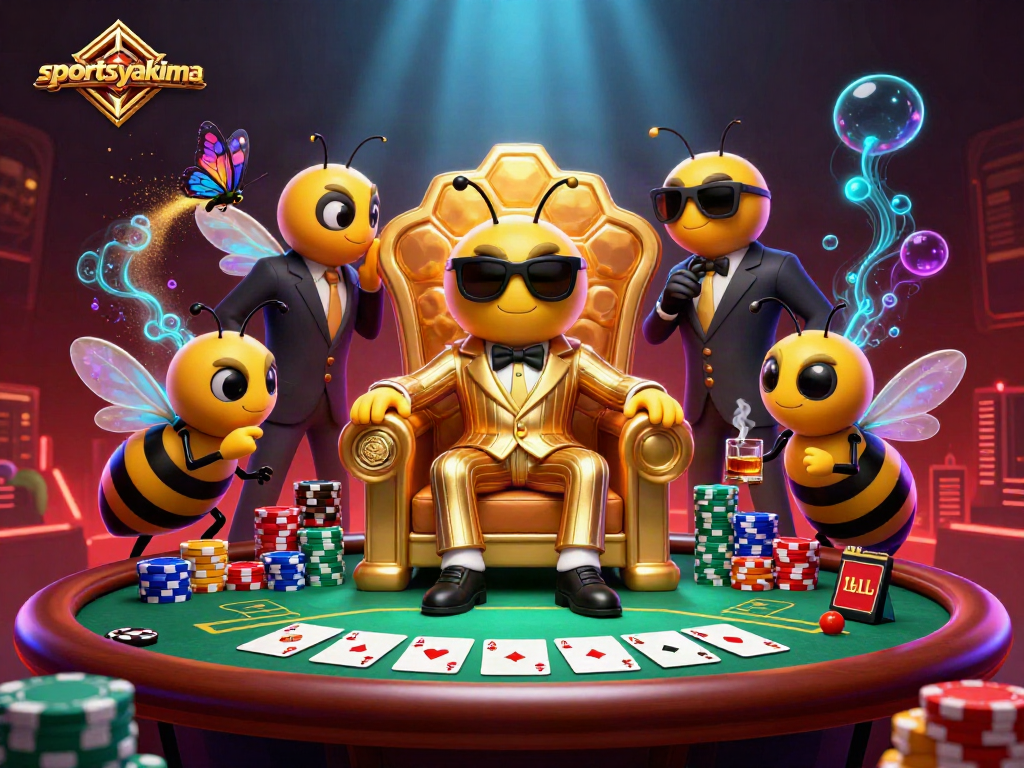 Engage with sportsyakima's buzzing casino scene featuring a bumblebee mob boss orchestrating high-stakes poker.