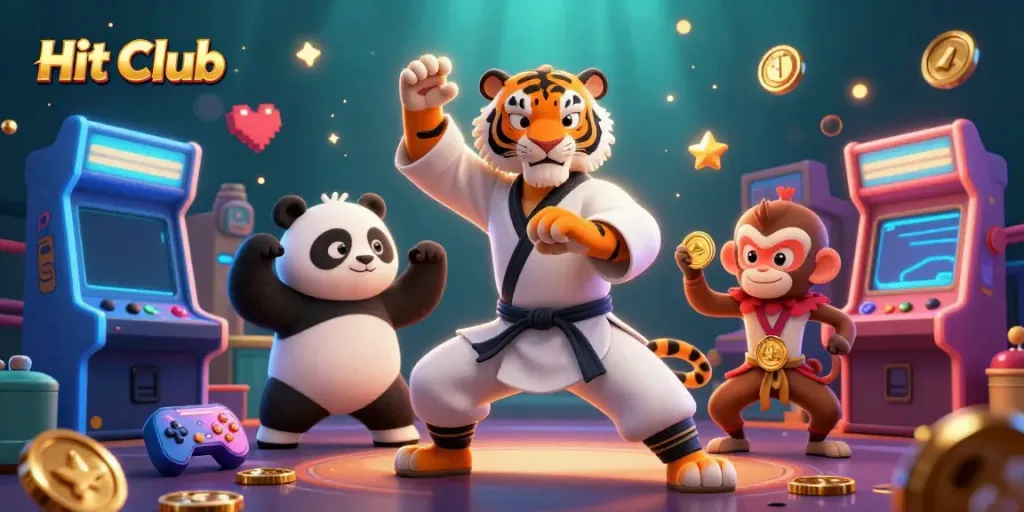 Experience the Hit Club excitement with vibrant casino elements, kung fu masters, and playful tokens.