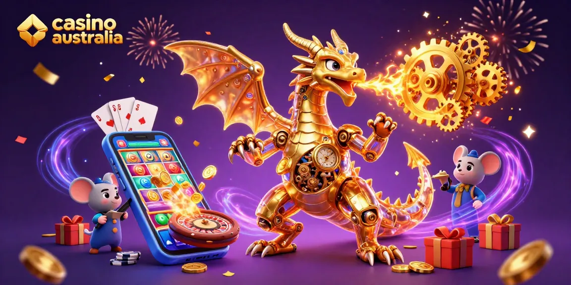 Spin to win at casino australia with a magical golden dragon and vibrant gaming elements.