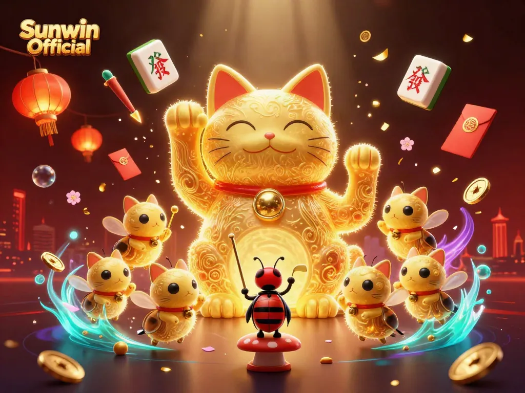 Experience the magical world of Sunwin Official with this vibrant 3D illustration showcasing a giant lucky cat and casino symbols.