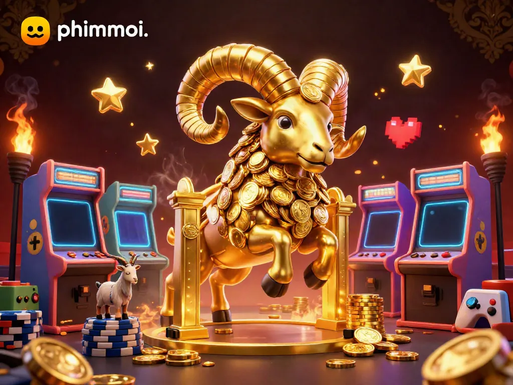 Experience thrilling moments at phimmoi, featuring a golden ram at a casino gate surrounded by dazzling gaming elements.