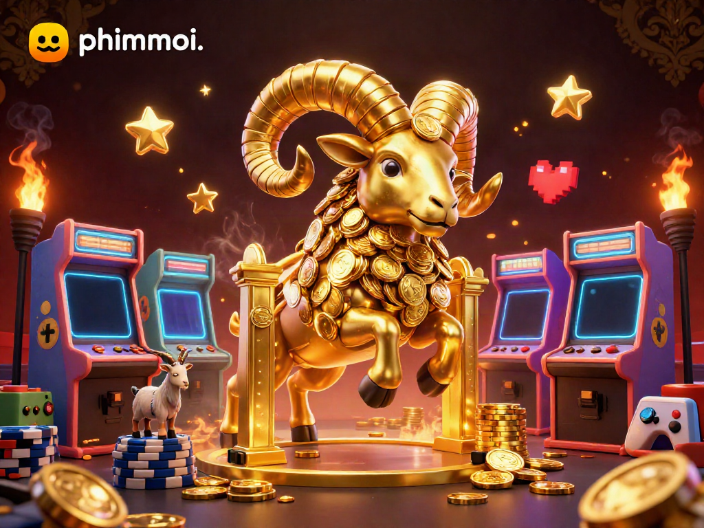 Experience thrilling moments at phimmoi, featuring a golden ram at a casino gate surrounded by dazzling gaming elements.
