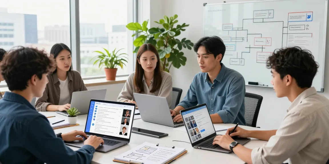 A diverse team collaborating around a table discussing the Telegram Web Version, showcasing modern office dynamics and technology.