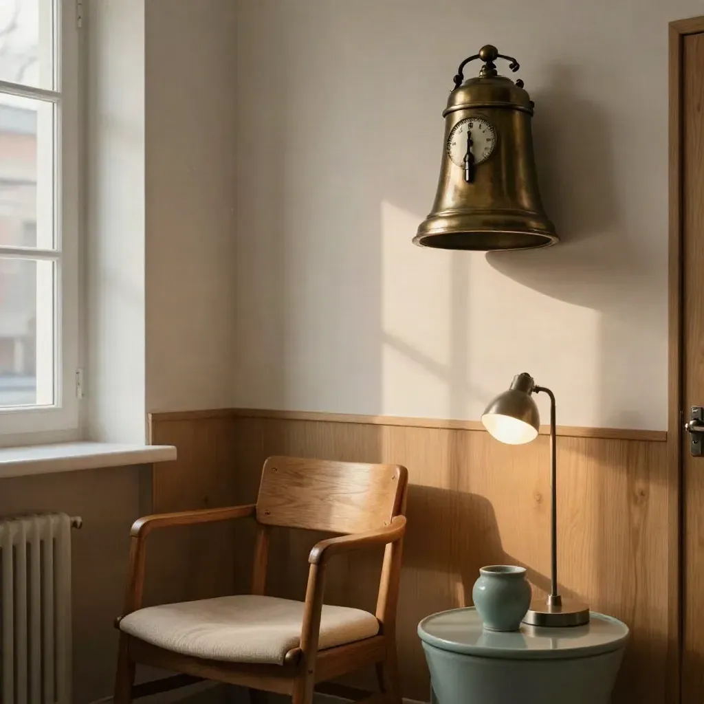 Bronzen wandklok naast lamp en lege stoel in een warme huisartsenpraktijk bij avondlicht.