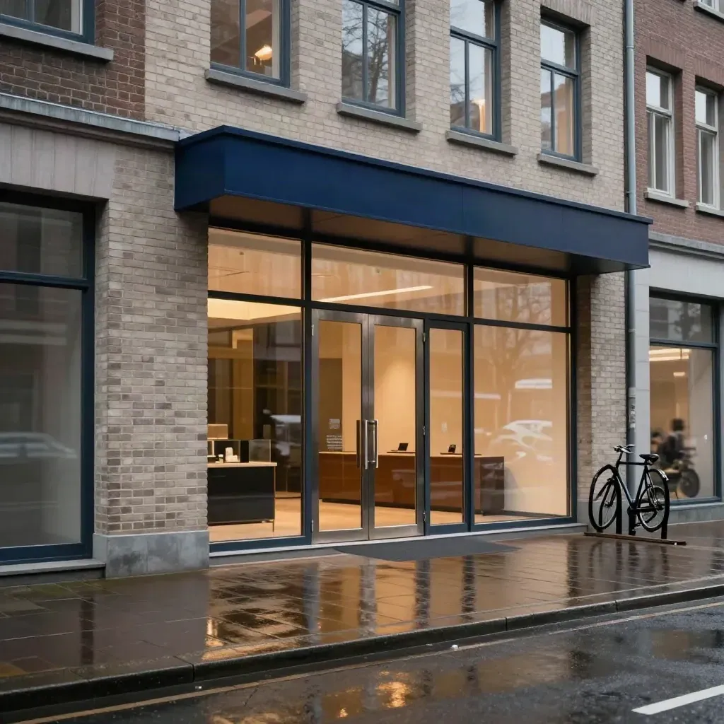 Nieuwe praktijkgevel in Rotterdam met natte stoep en warme verlichting na regen.