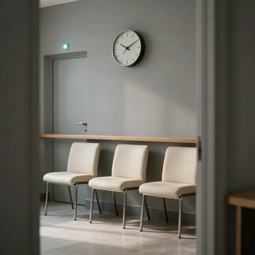 Lege wachtruimthoek met klok, stoelen en teal indicatielicht in Utrecht-West.