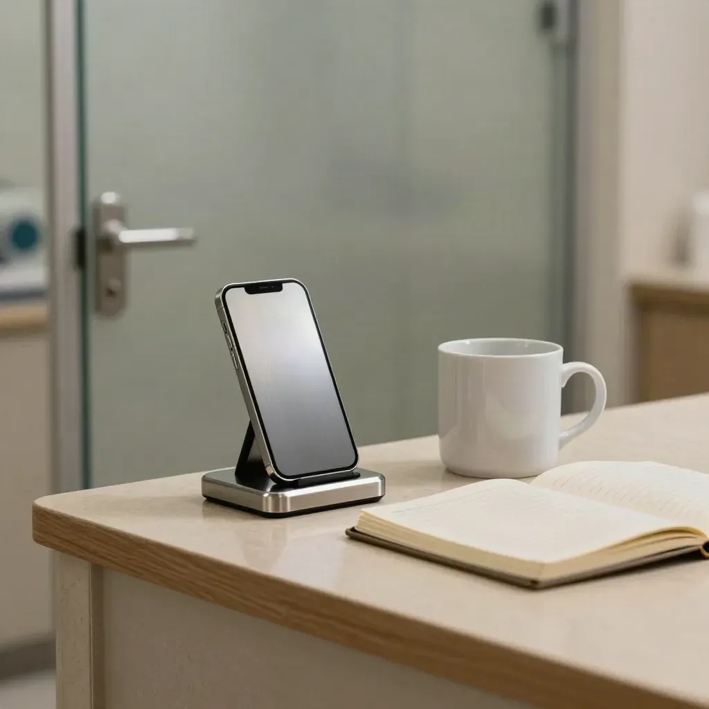 Verlichte smartphone-dock naast notitieboek en witte mok bij matglazen deur in een huisartsenpraktijk.