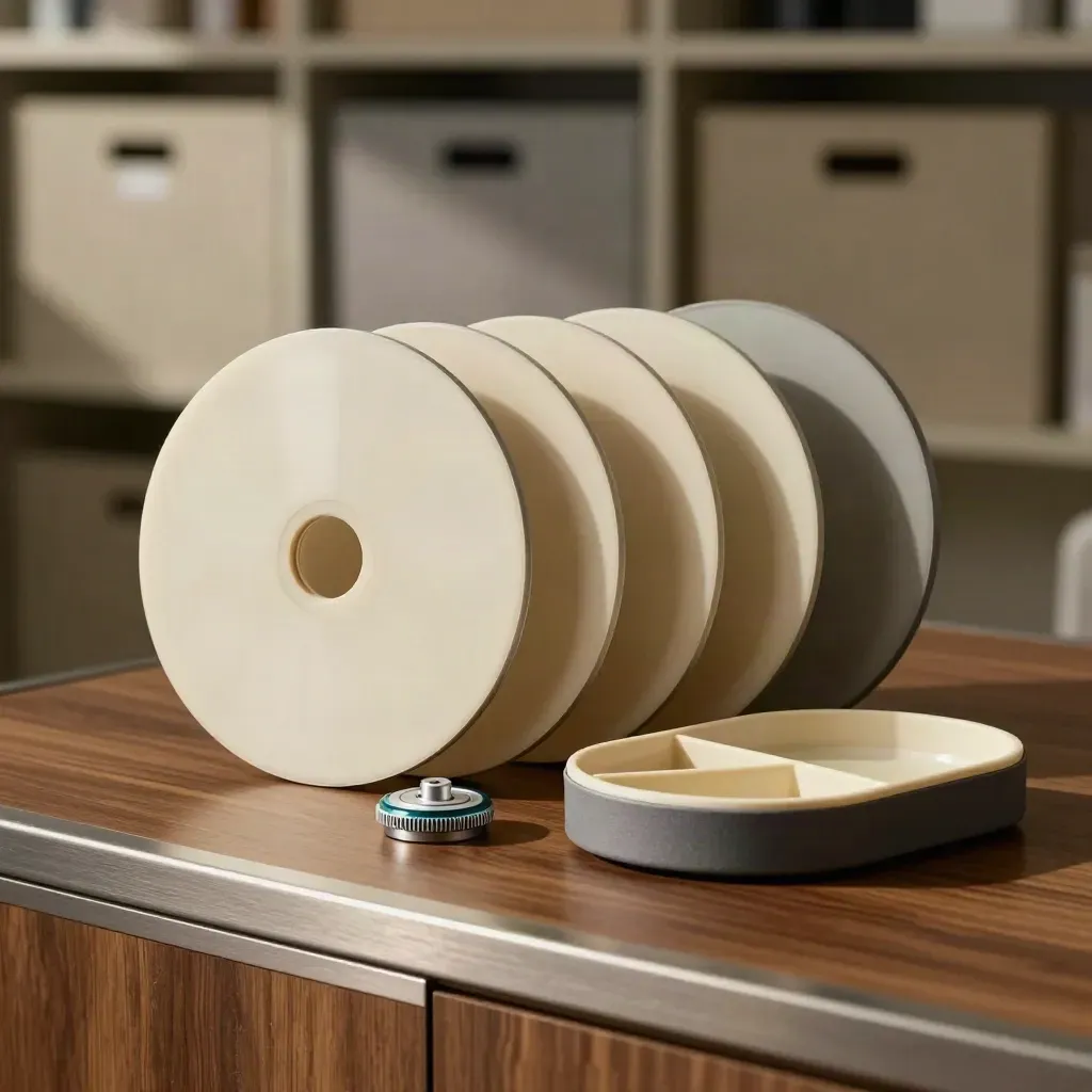Matte filterdisks, een draaitegelwieltje en sorteerlade in dramatisch licht.
