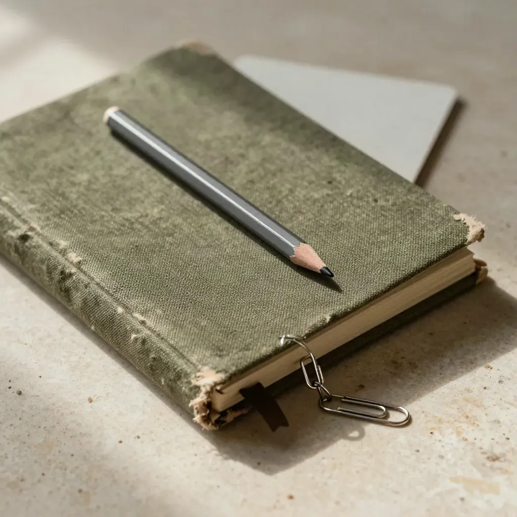 Linnen notitieboek met grafietpotlood en paperclipketting op stenen werkvlak, van schuin boven.
