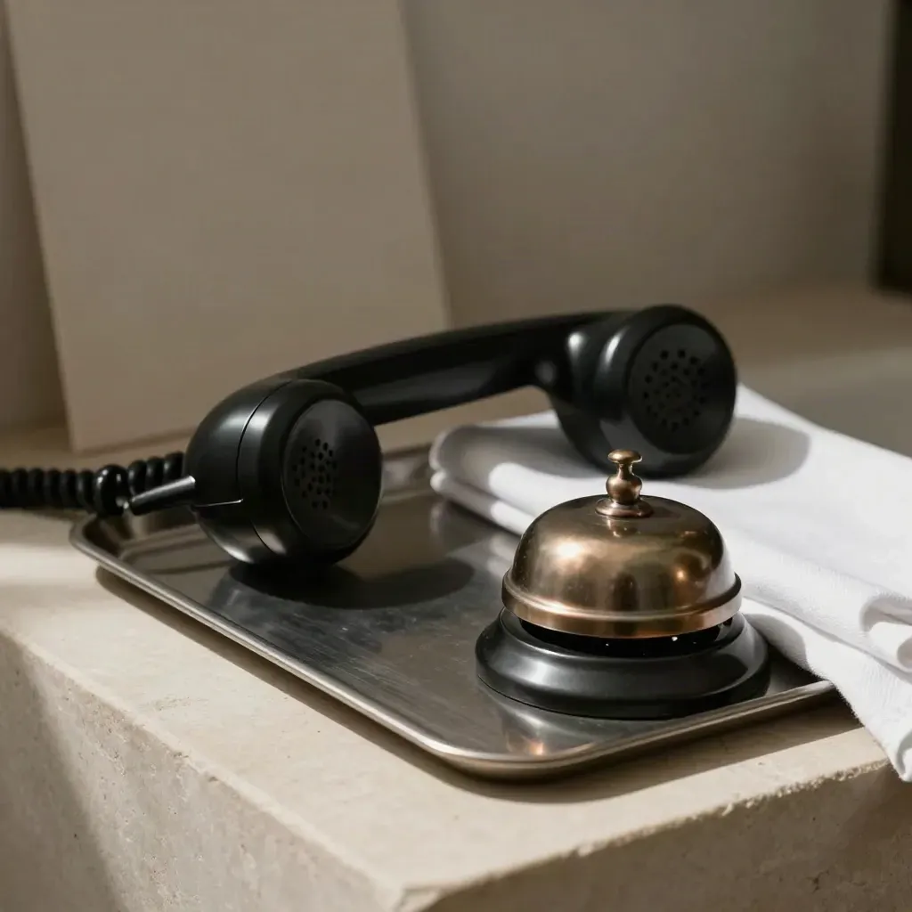 Zwarte telefoonhoorn naast bronzen belknop en posttray op lichte steen.