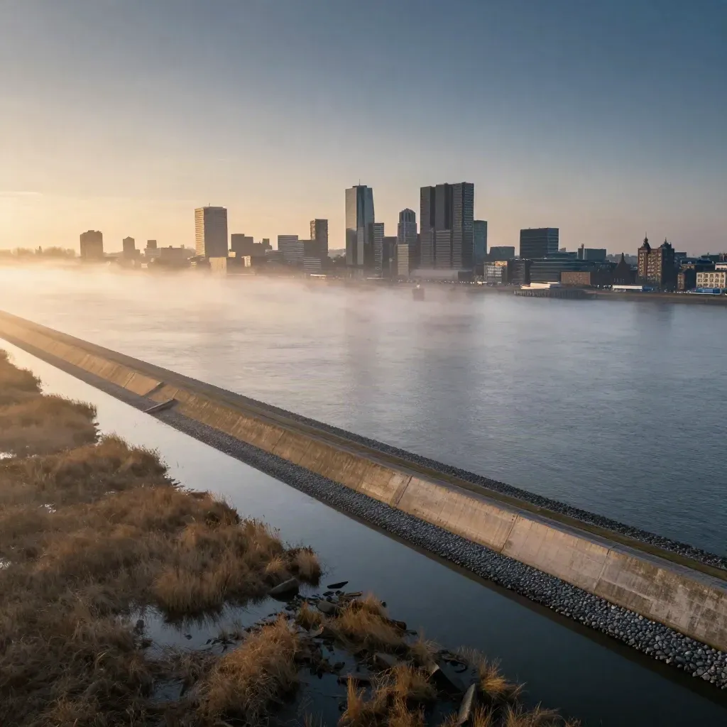 Mistige Randstad met dijken, water en verre skyline in zacht winterlicht