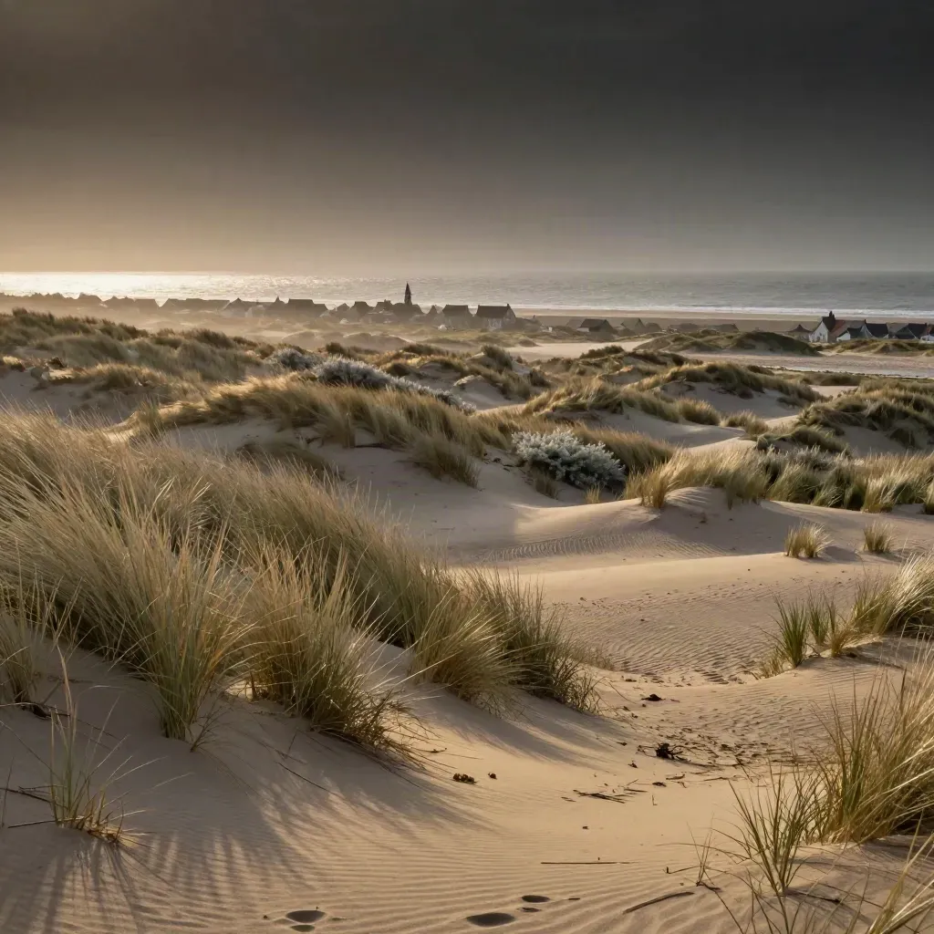 Duinlandschap in Noord-Holland met mistige kust en dorpsrand bij warm golden hour.