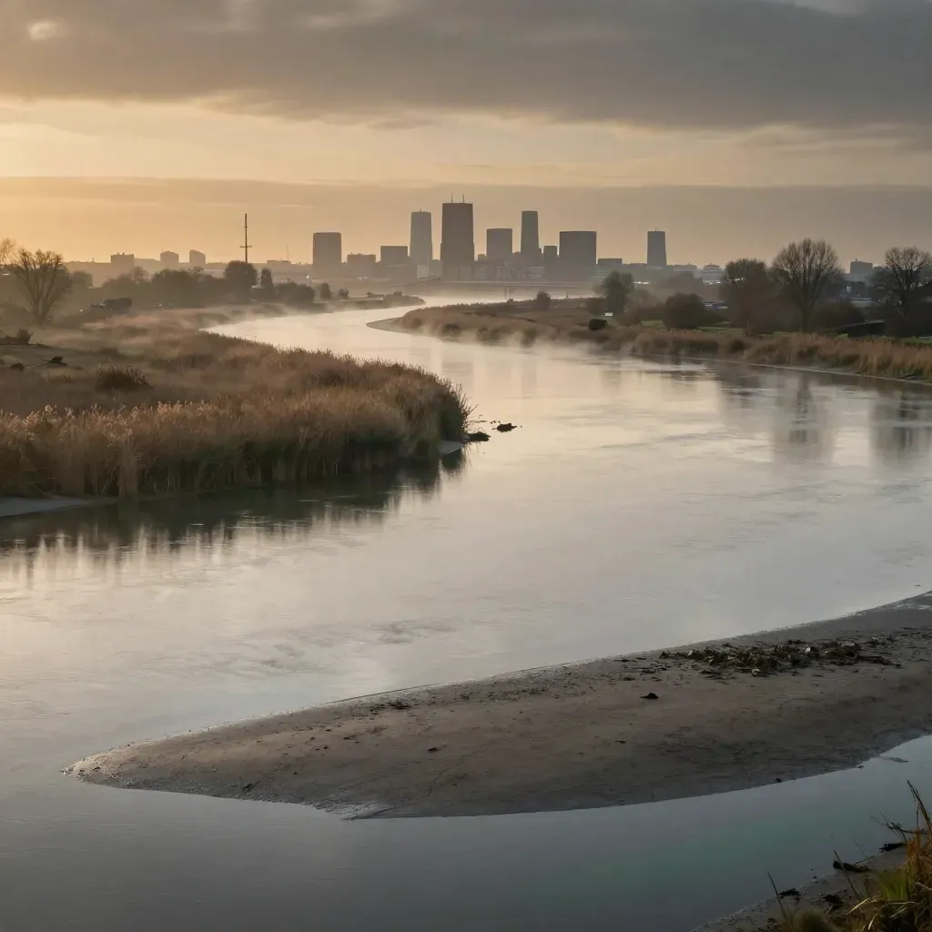 Zuid-Holland met rivierbocht, rietmoeras en verre skyline in warm licht