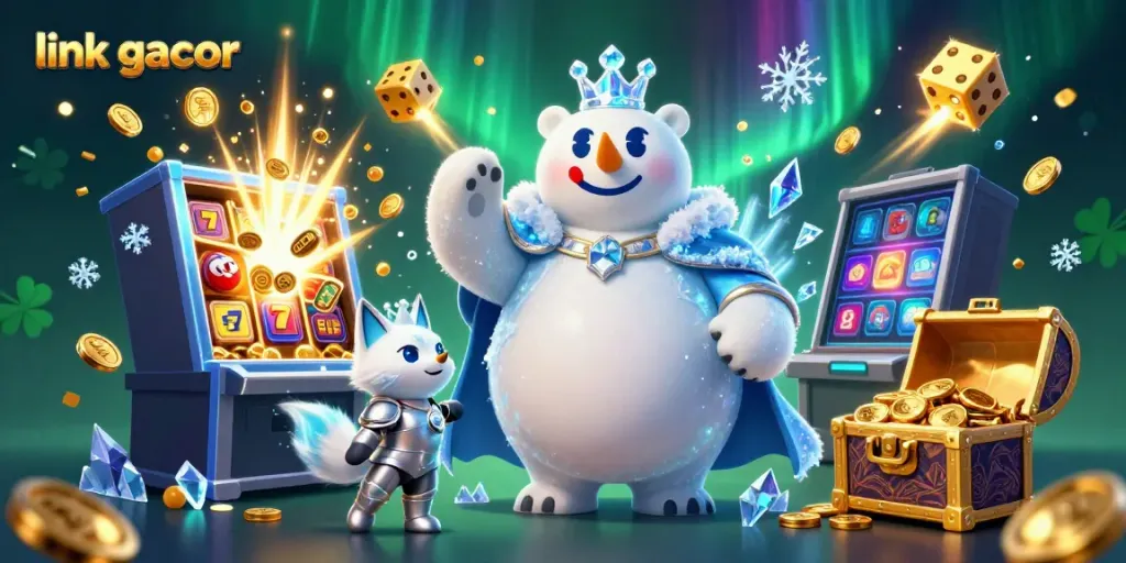 Experience excitement with link gacor in this vibrant 3D casino illustration showcasing winning symbols and dynamic elements.