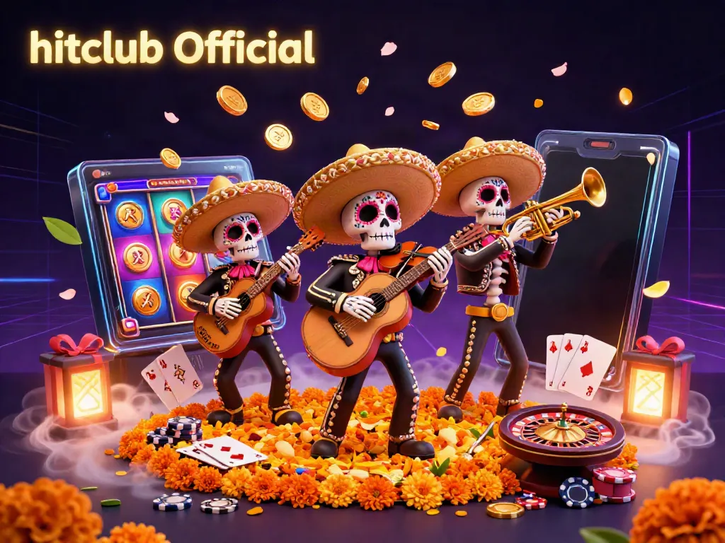 Experience excitement with hitclub Official's vibrant mariachi performance amidst overflowing coins and gaming elements.