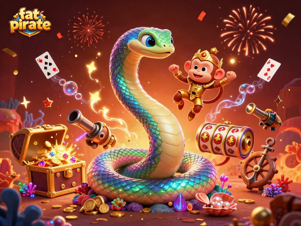 Spin with the fatpirate serpent at vibrant slots and treasure around a golden pillar.
