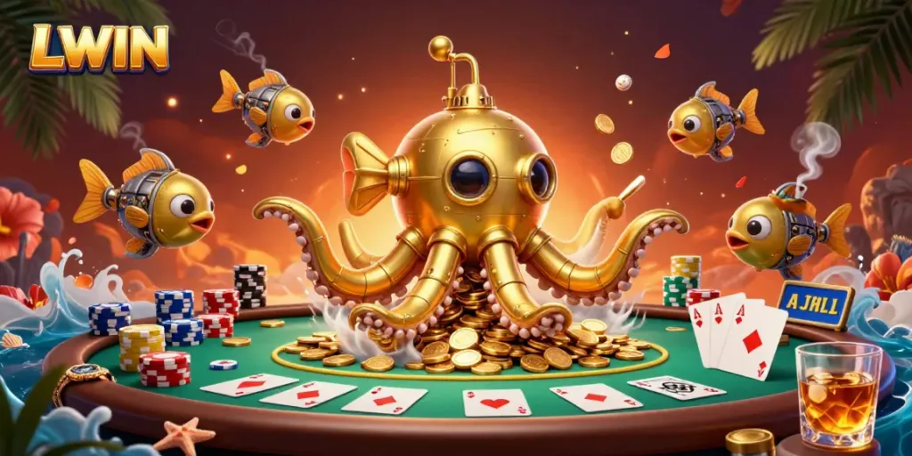 Engage in thrilling gameplay with LLWIN and a dynamic kraken submarine in a treasure-filled casino scene.