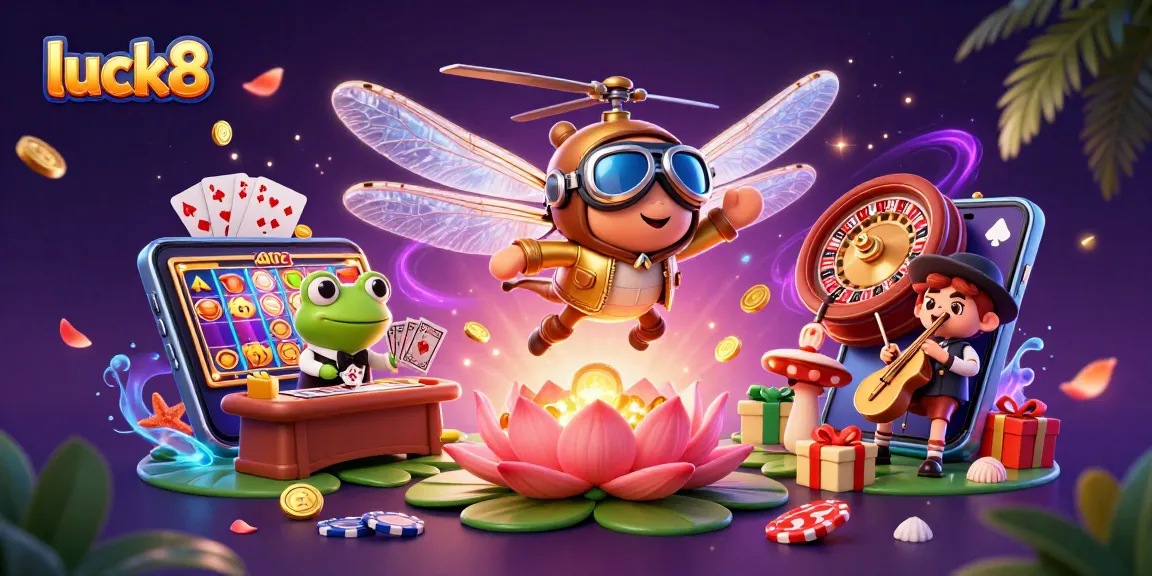 Engage with luck8 at a vibrant lily pad casino where a dragonfly pilot and frog dealer create enchanting gaming experiences.