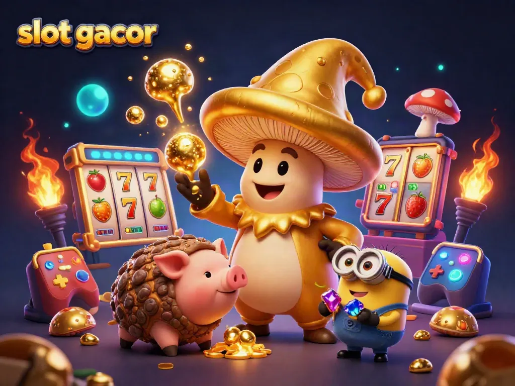 Experience slot gacor thrills with a golden mushroom wizard and treasures in a vibrant casino scene.