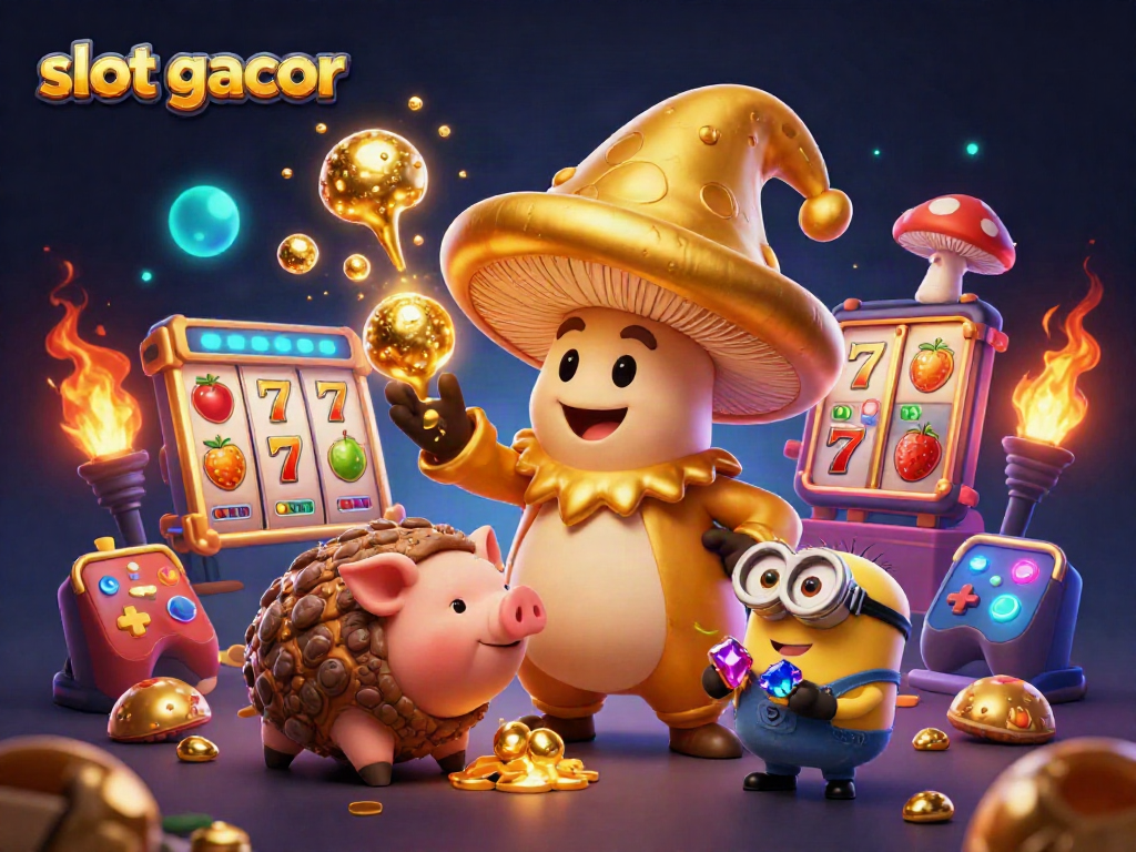 Experience slot gacor thrills with a golden mushroom wizard and treasures in a vibrant casino scene.
