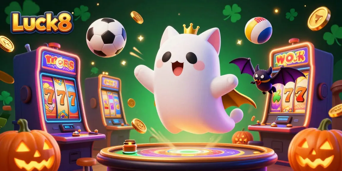 Luck8's dynamic illustration of a friendly ghost cat and bat in a lively casino scene.