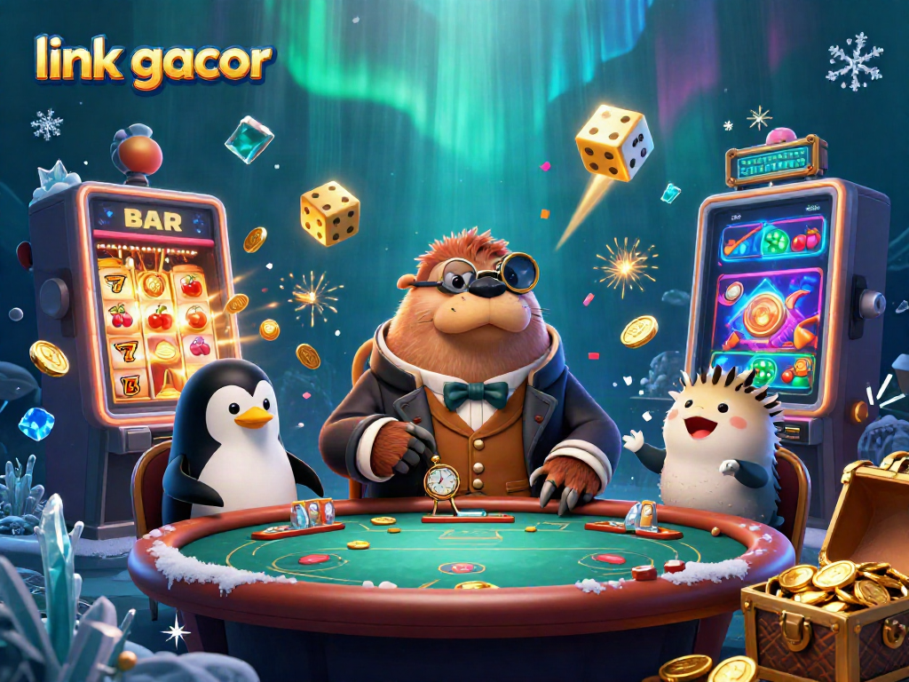 Experience thrilling games with link gacor at our vibrant underwater casino scene featuring a walrus and penguin dealer.