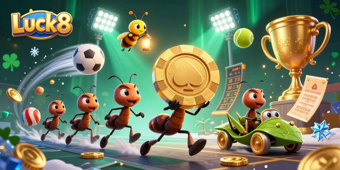 Luck8 showcases a heist with ants carrying a giant poker chip amidst vibrant gambling elements.
