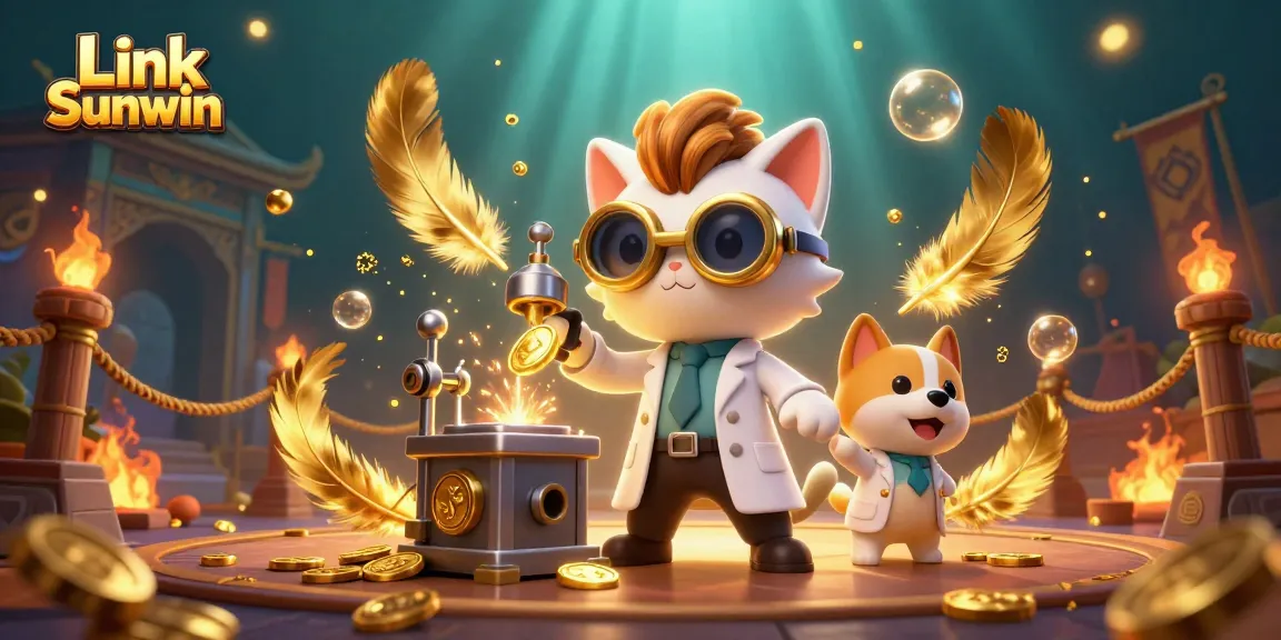 Engage with Link Sunwin through a vibrant casino scene featuring a mad scientist cat, a dog assistant, and golden sparkles amidst dynamic gaming elements.