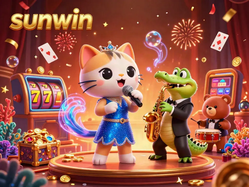 Experience the excitement at sunwin with a lively casino scene featuring animated characters and games.