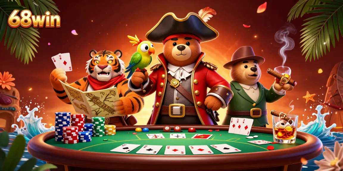 Experience thrilling poker action with 68win's vibrant bear and tiger characters at the table.