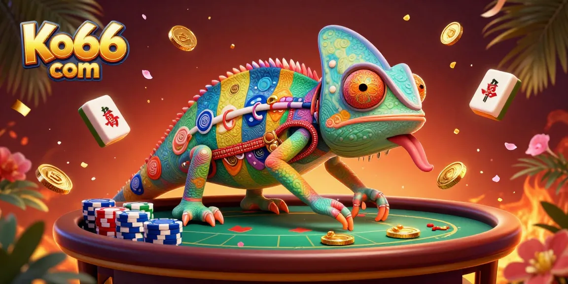 Engage in exciting gameplay at Ko66 com with vibrant casino elements and a colorful chameleon mascot.