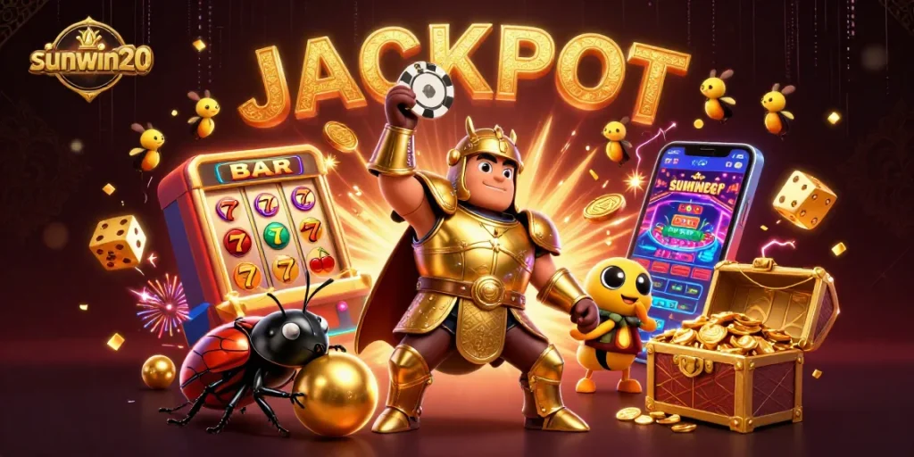 Experience the thrill of sunwin20 as a victorious beetle lifts a poker chip in a vibrant casino scene.