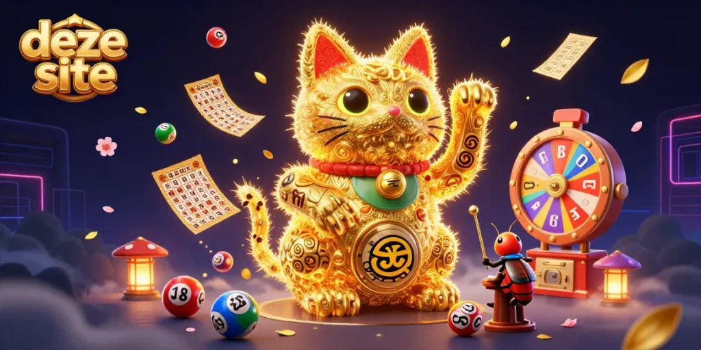 This site showcases a vibrant 3D illustration of casino-themed characters amidst gambling symbols and elements.
