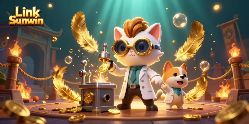 Engage with Link Sunwin through a vibrant casino scene featuring a mad scientist cat, a dog assistant, and golden sparkles amidst dynamic gaming elements.